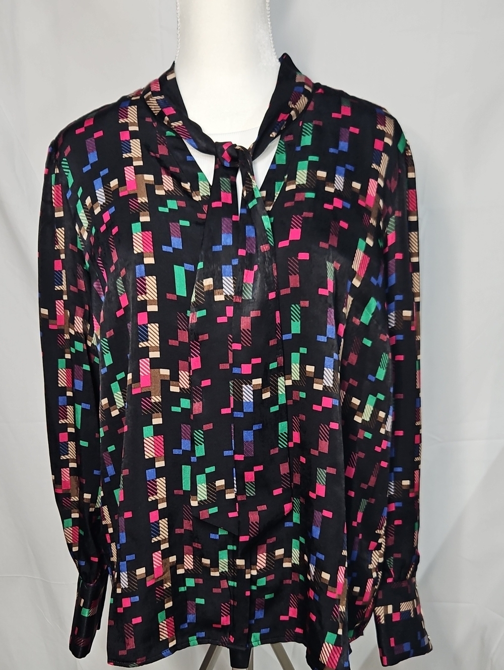 Investments Black Tie-Neck Blouse with Pink, Green, Blue & Tan Geometric Print